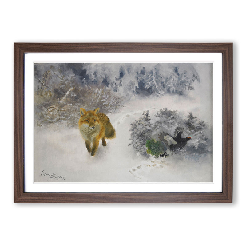 Fox and Black Grouse Cock by Bruno Liljefors - Picture Frame Painting, 36cm H x 48cm W x 2cm D, Walnut Framed