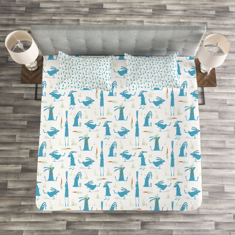 Adylene Blue/Orange/White Microfiber Bedspread Set, 220 x 264 cm