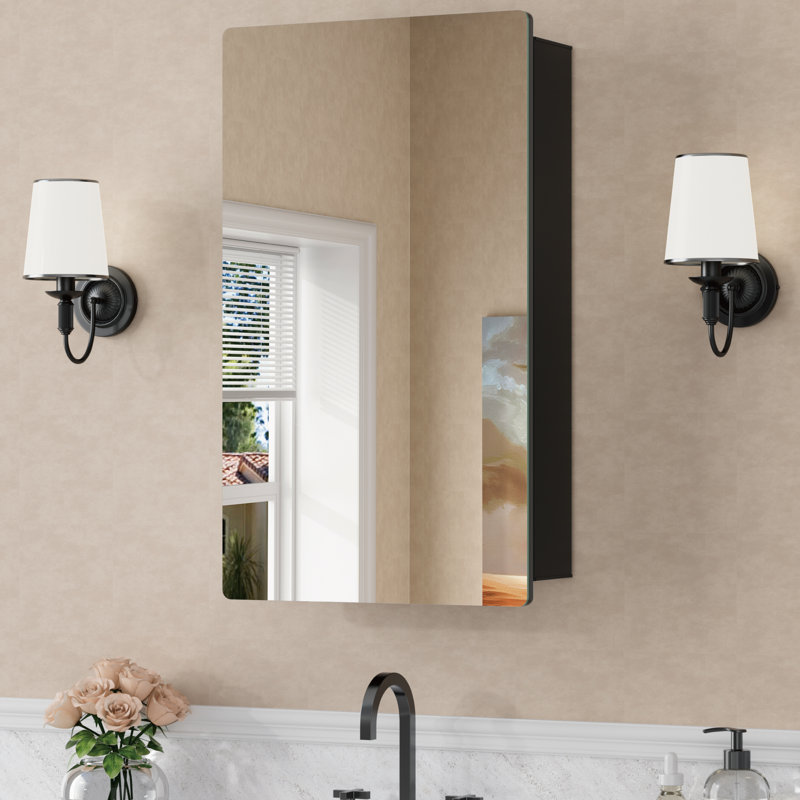 Armoire à pharmacie sans cadre avec miroir, encastré ou à fixation en surface, tablettes réglables en verre trempé, rangement grande capacité, porte réversible