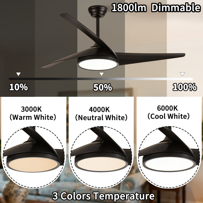 52 In. 3-Blade Smart Downrod Mount Standard Ceiling Fan With 3-Color Dimmable Led Light, Remote Control, Reversible Dc Motor
