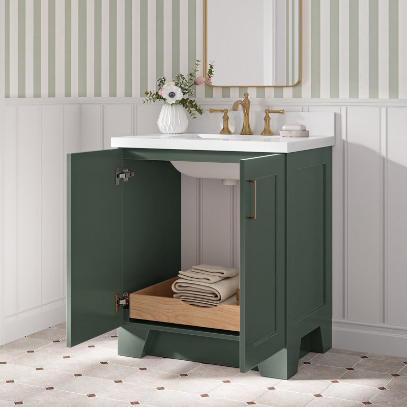 31 IN.  Single Bathroom Vanity, Rectangle, White Quartz, Vintage Green