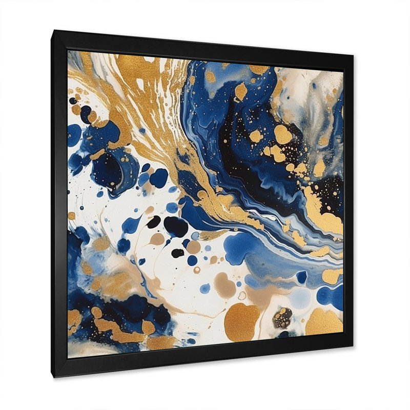 Motif abstrait avec des textures bleues et dorées en X, Cadre simple noir, H 30 po x l 30 po x P 1 po