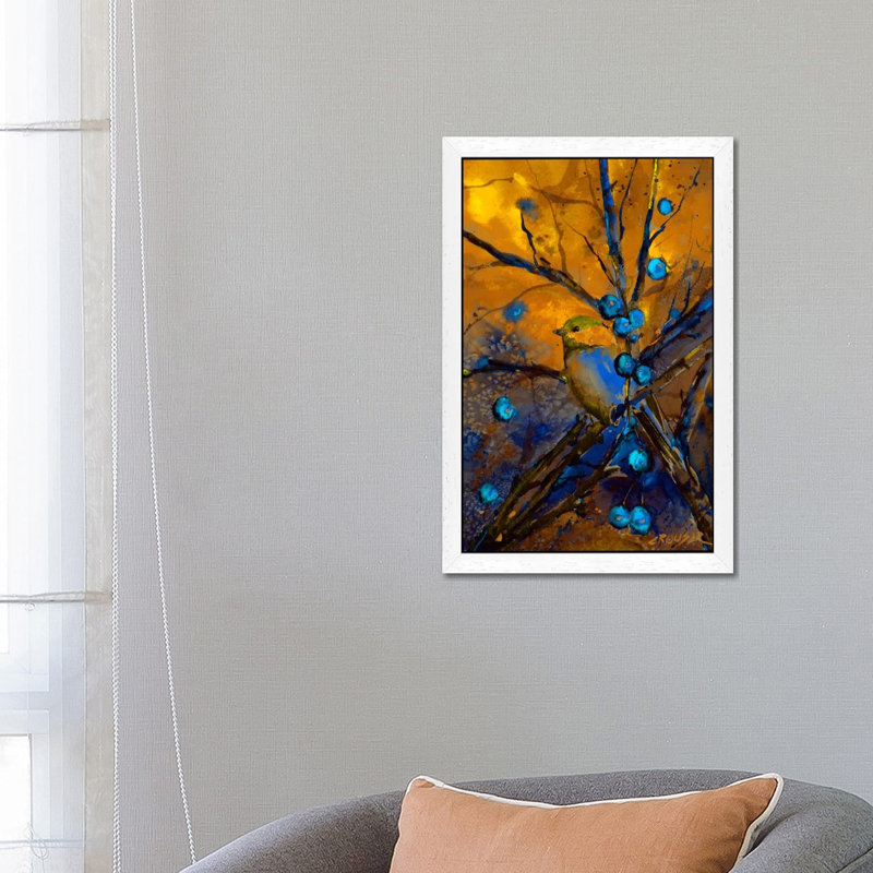 Bird & Berries by Dean Crouser - Floater Frame Painting on Canvas, White