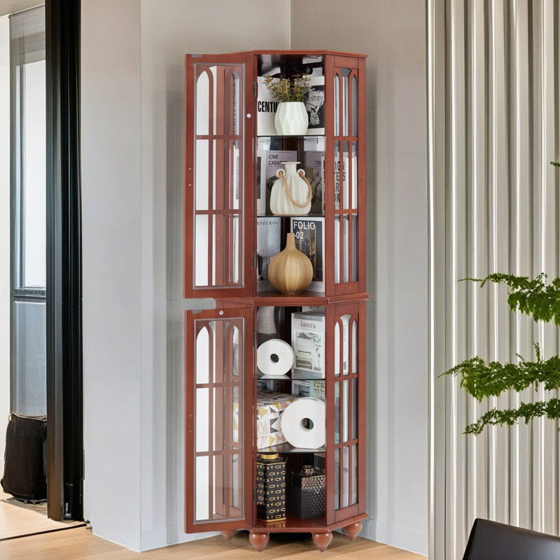 Vitrine de coin avec 4 tablettes réglables en verre trempé et système d'éclairage, pieds en bois massif, panneau arrière en miroir en acrylique (ampoule E26 non incluse)