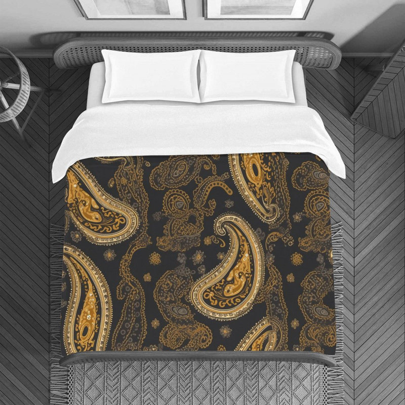 Machine Printed Duvet Cover, Twin Duvet Cover, Gold/Gray Paisley