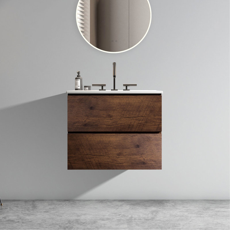Meuble-lavabo en noyer avec lavabo en céramique de 61 cm (24 po) - Style moderne, fonctionnement silencieux. Spacieux, tranquille et élégant.