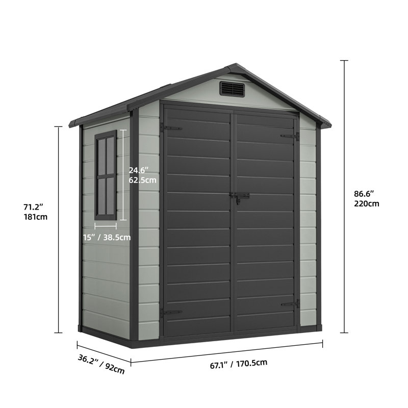 Resin Storage Shed with Reinforced Floor, Lockable Door, Window & Vent, Gray