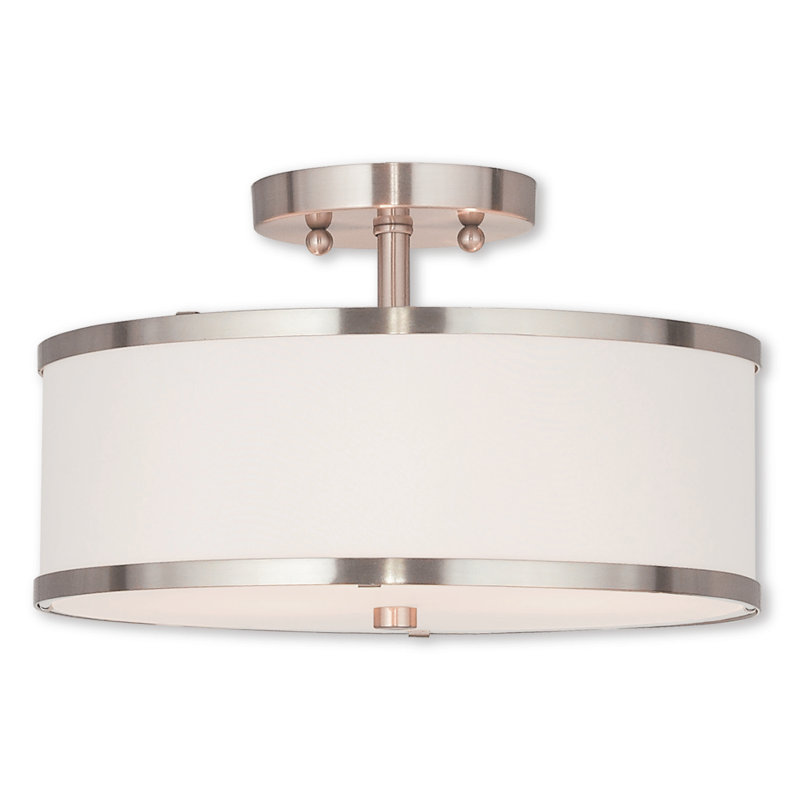 Plafonnier semi-encastré 2 lumières 13 po Berthine, Nickel brossé, Blanc cassé, H 8 po x l 15 po x P 15 po