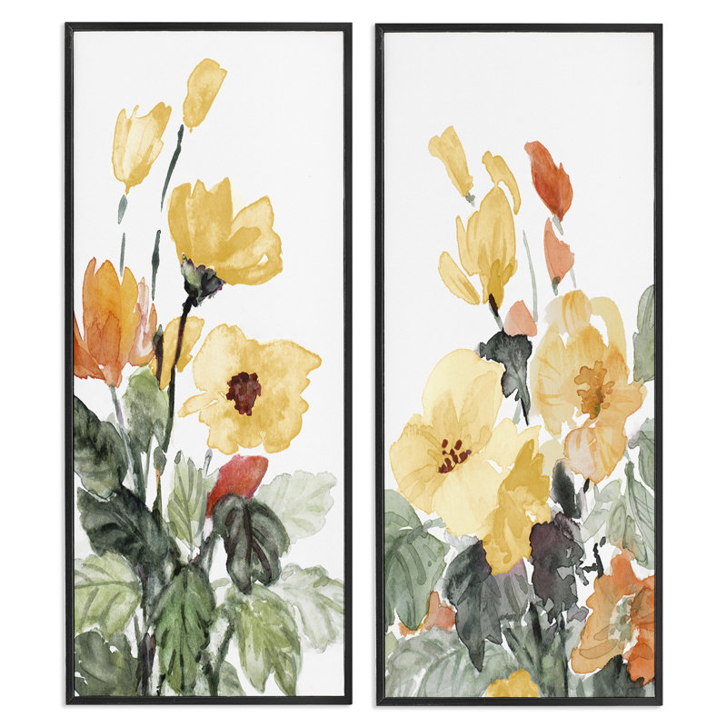 2 fleurs jaunes printanières par Lanie Loreth, Giclée encadrée noir minuit, H 30 po x l 13 po x P 1,5 po