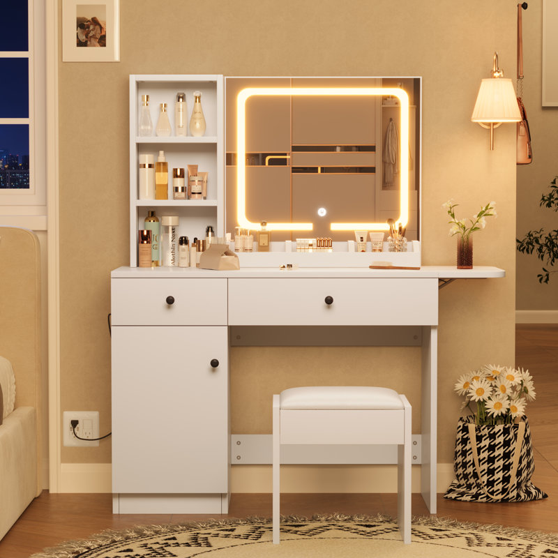 Ensemble de coiffeuse blanche avec miroir à DEL réglable et ensemble de tables de maquillage avec tiroirs et tablettes pour armoire électrique