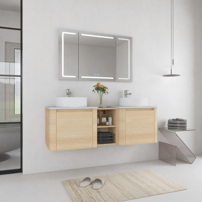 60 Inch Double Wall-Mounted Bathroom Vanity With Ceramic Art Sinks and 1-Storage Shelves, American White