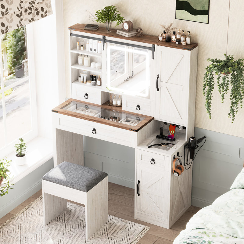 Meuble-lavabo blanc avec miroir à DEL mobile, réglage de la luminosité, plateau en verre, prise de recharge, 4 tiroirs, 2 armoires et tabouret