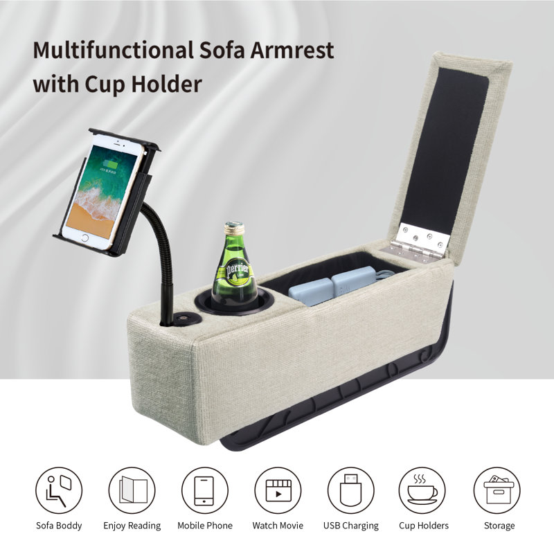 Smart Armrest 6" Wide Adjustable Sofa Armrest with LED Light and Wireless Charge Stand Seamlessly Fit Sectional Sofas, Beige