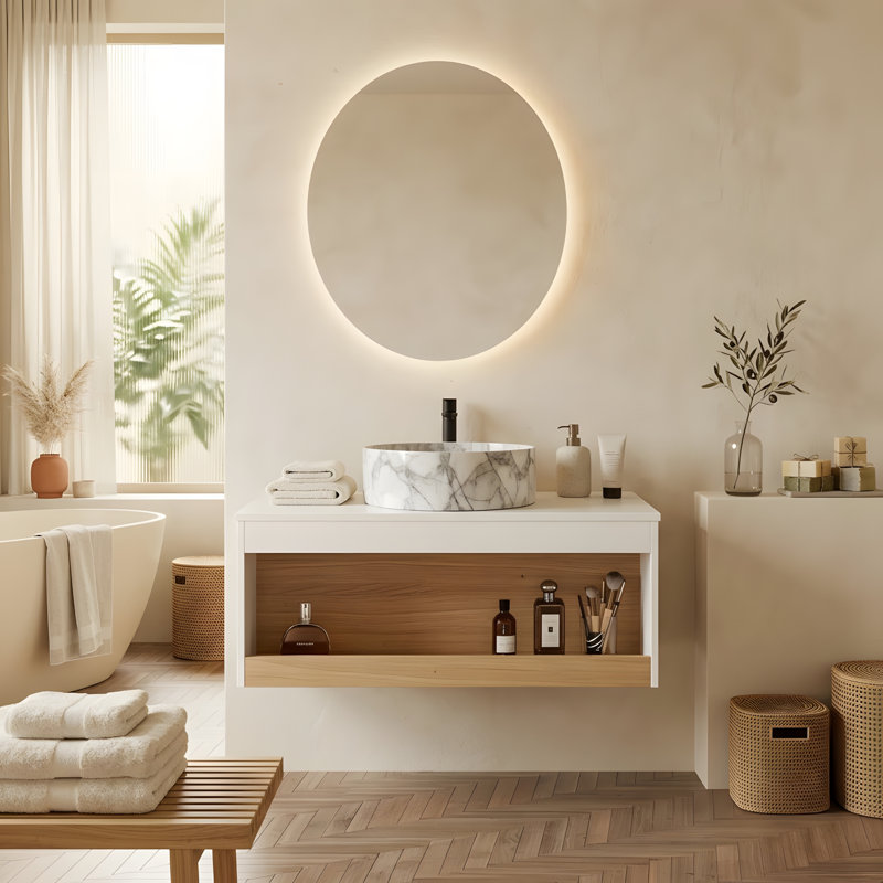 Meuble-lavabo mural 36 po avec lavabo en céramique et compartiments de rangement ouverts 36 po, 36, Gris