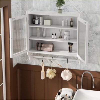 Armoires | Armoire murale 24 portes en verre massif blanc cassé 24,8 po à 3 niveaux avec porte-serviettes | Traditionnel | Salle de bain