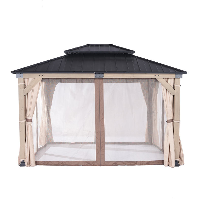 Cedar Wood Patio Gazebo, Double Metal Roof Hardtop Gazebo with curtain and Screen, 115" H x 153.5" W x 132.3" D, Oak