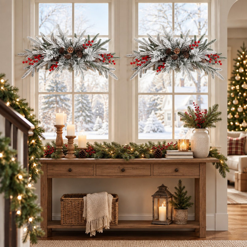 Guirlande de Noël en 2 pièces de 76 cm (30 po) avec flocons de neige, pommes de pin et baies rouges