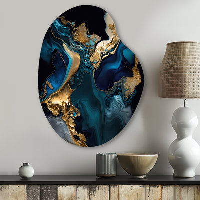 Bernard - Marble Unique Shape Print on Metal, Blue Asymmetrical Metal Wall Decor
