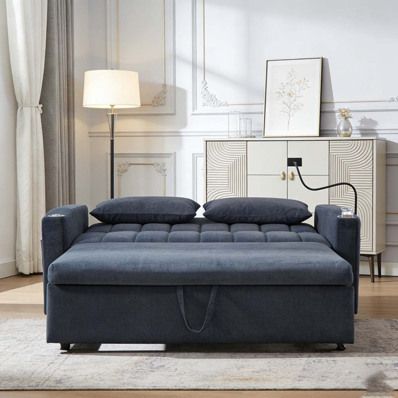 Canapé-lit convertible de 55,9 po avec trois ports USB, deux poches latérales, deux porte-gobelets et un support pour téléphone pivotant à 360 °