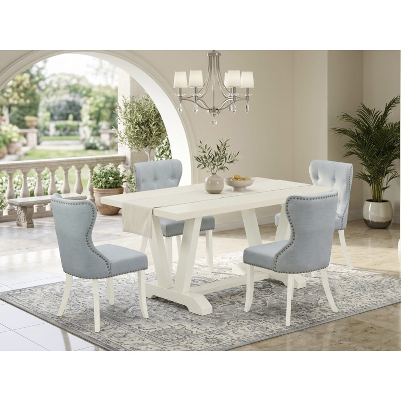 Ensemble de table de salle à manger 5 pièces - 4 chaises Parson avec siège en lin bleu bébé et dossier capitonné - Table de salle à manger - lin blanc.