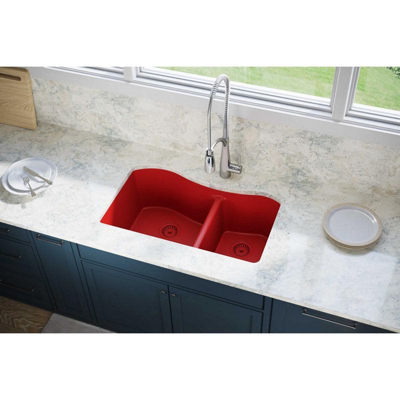 Quartz Luxe 33" L x 20" W Double Basin Undermount Kitchen Sink, Maraschino