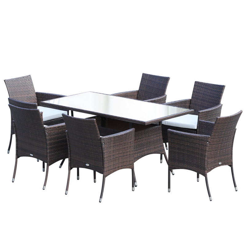 6 - Person Wicker Patio Dining Set with Rectangular Table , Cushions Included, Galvanised Steel Brown