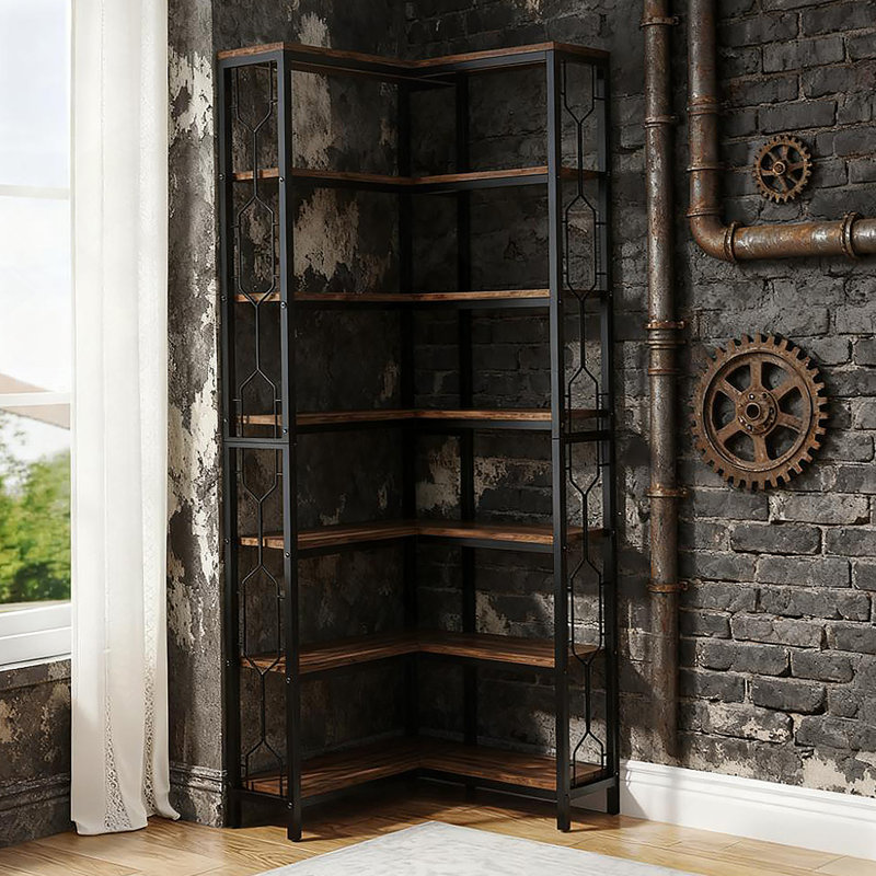 78.7-Inch Tall 7-Tier Industrial Corner Bookshelf With Smart Space-Saving Design And Heavy-Duty Storage Capacity.
