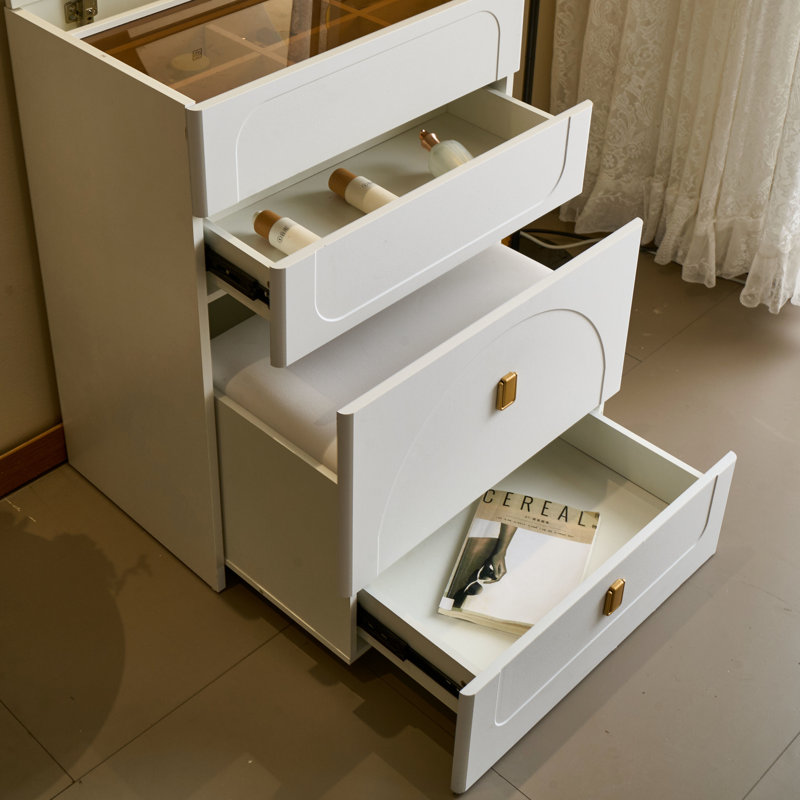 Meuble-lavabo blanc 3 en 1 avec tiroirs, miroir rabattable, tabouret, maquillage à DEL et grand rangement pour l'éclairage de la chambre à coucher