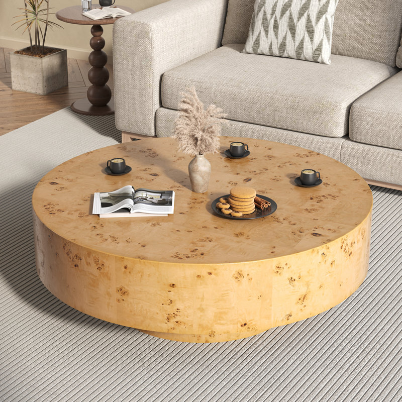 Handcrafted Burl Wood Round Coffee Table with Strudy Pedestal, Mid-Century Modern Solid Wood Coffee Table for Living Room