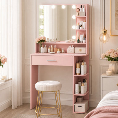 26.4" Small Makeup Vanity Desk with Lighted Mirror, 3 Color Modes, Drawer & 6 Level Storage, Pink