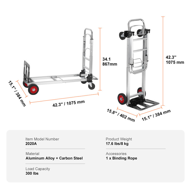 Aluminum Folding Hand Truck, 2 in 1 Design 400 lbs Capacity, Dolly Cart with Rubber Wheels for Transport and Moving in Warehouse, Heavy-Duty Industrial Collapsible cart, Supermarket, Garden