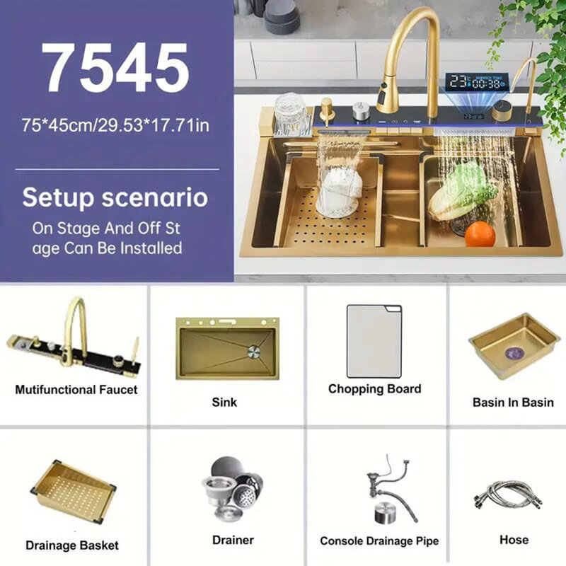 Brushed Gold Stainless Steel 30" Drop In Kitchen Sink Top Mount Single Bowl w/Kitchen Facuet