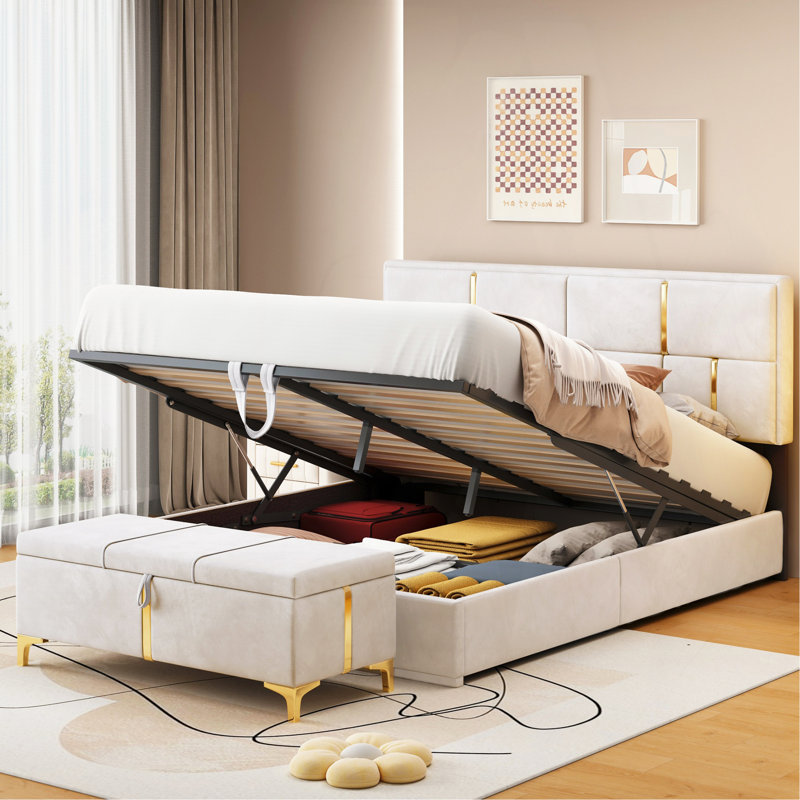 Ensemble de chambre à coucher 2 pièces, lit plateforme tapissier grand avec système de rangement hydraulique, repose-pieds avec pieds en métal, beige