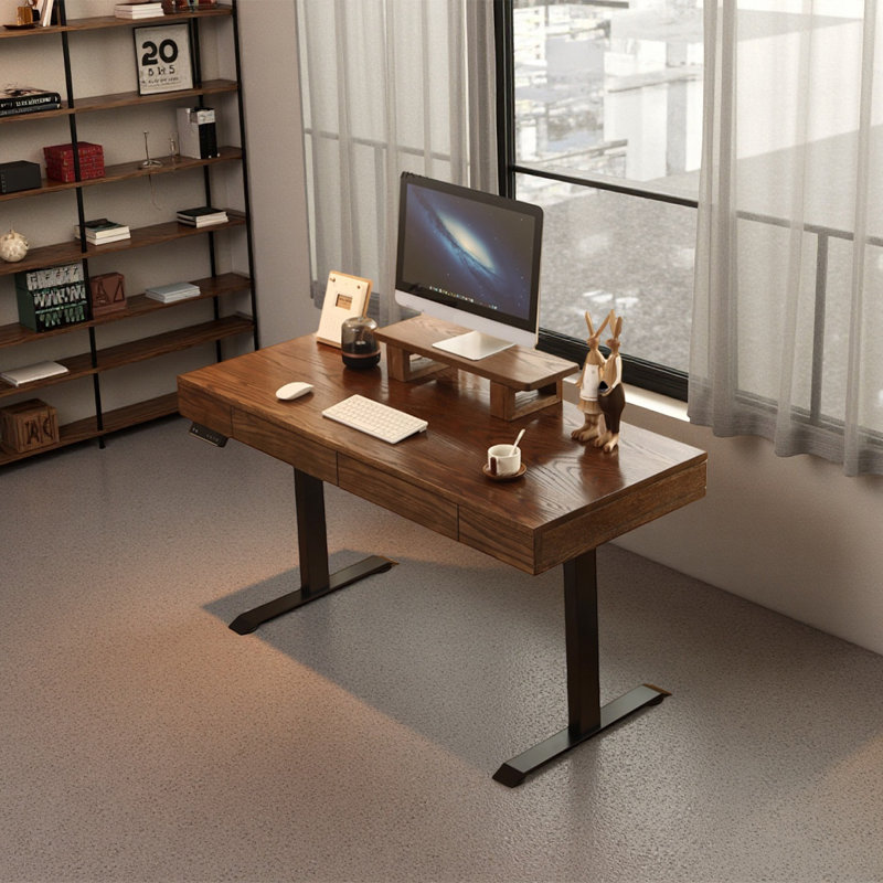 Walnut-coloured electric adjustable table, 28.35" H x 55.12" W x 19.69" D