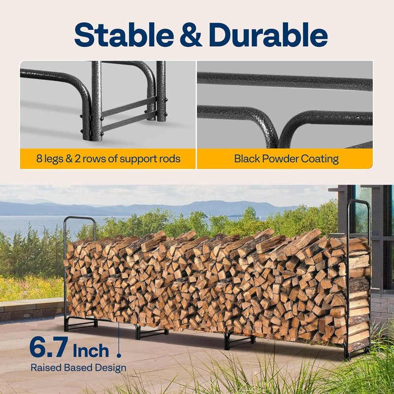 12 ft Black Heavy Duty Steel Firewood Rack with Cover