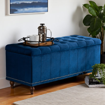 Mosa Storage Ottoman Bench with Button Tufted in Navy Blue Fabric, 18.48" H X 41.49" W X 16.59" D