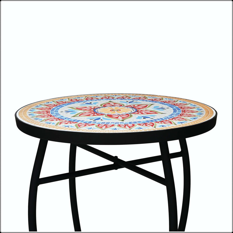Table d'appoint d'extérieur ronde avec plateau en mosaïque rouge et blanc et pieds incurvés en fer