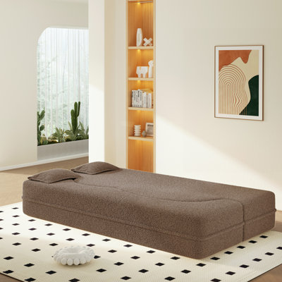Modern Floor Sofa With 2 Pillows,Convertible Teddy Fabric Foam-Filled Sleeper Sofa Bed,15" Twin Size Folding Mattress For Living Room,Guest Bed,Playroom,No Assembly Required