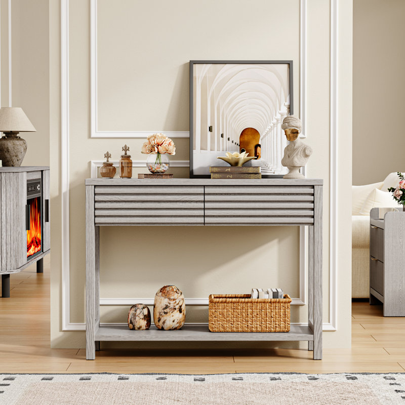 Console cannelée 40 po avec 2 tiroirs, table d'entrée moderne en bois à 2 niveaux avec tablette de rangement, Naturel