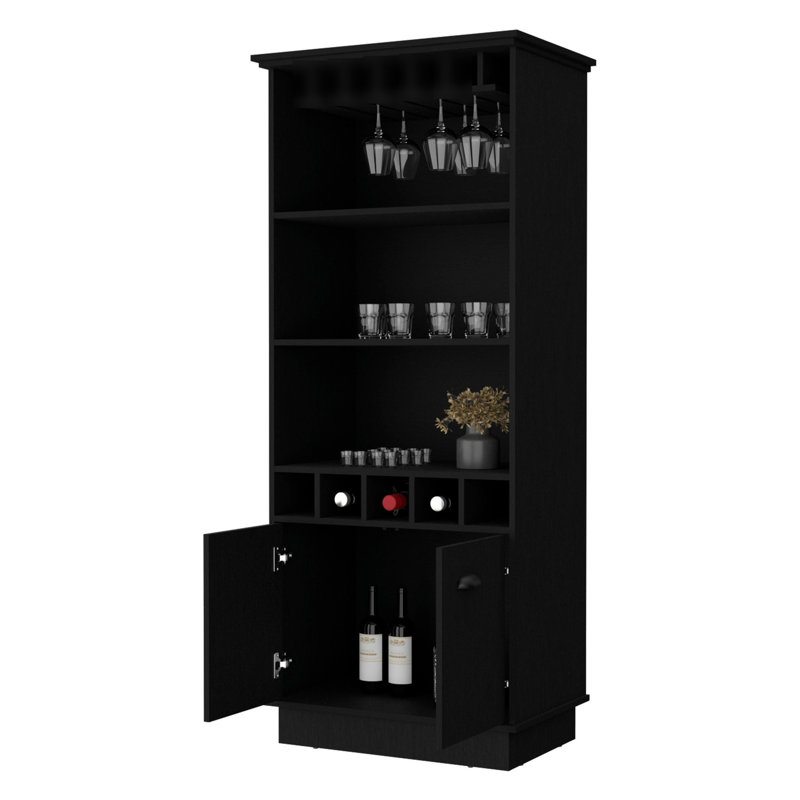 Bar moderne noir avec présentoir en verre et espace de rangement spacieux avec support fonctionnel