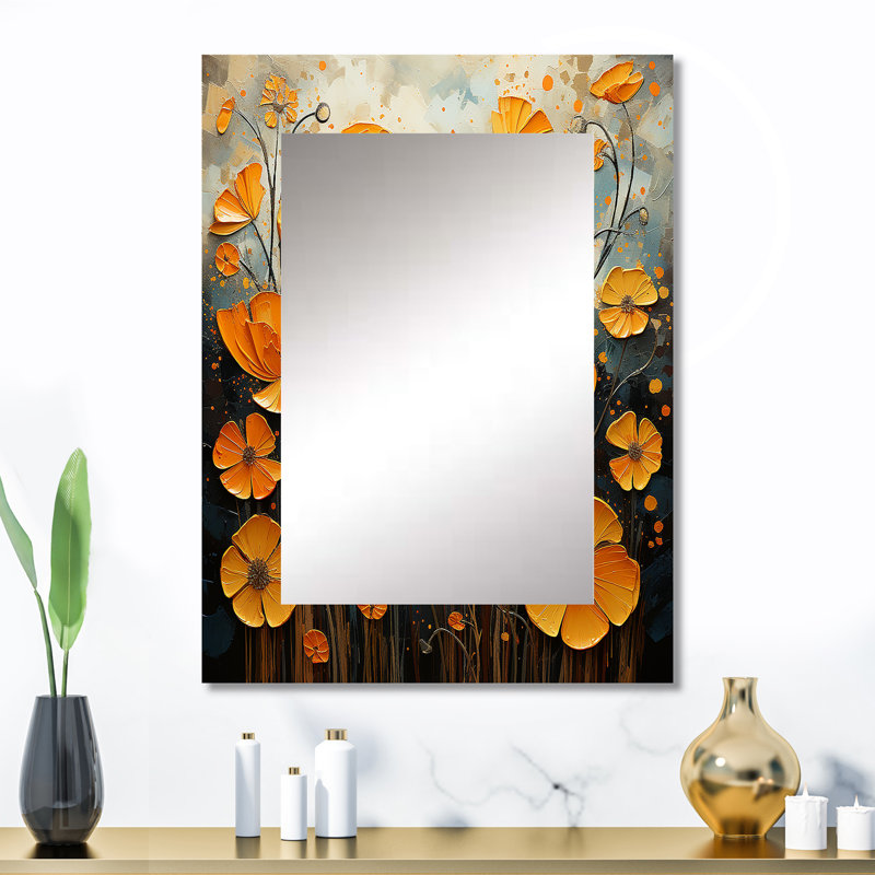 Or souci Marigold Melody III - grand miroir souci, décor de miroir mural traditionnel unique, impression d'art en métal