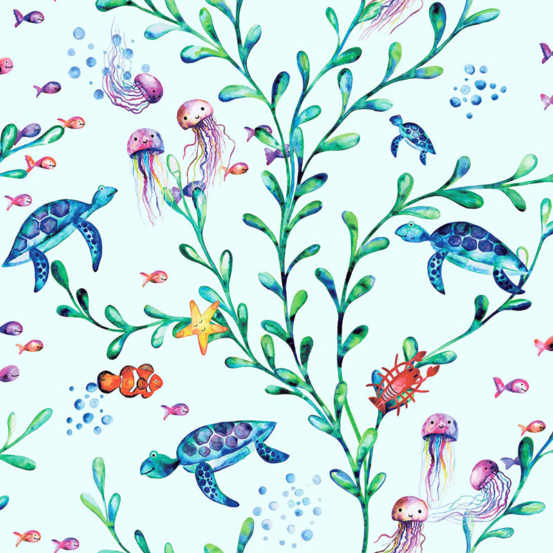 Lam Animal Print Sea Creatures 10.05cm x 53cm Smooth Non-pasted Wallpaper Roll, Light Teal