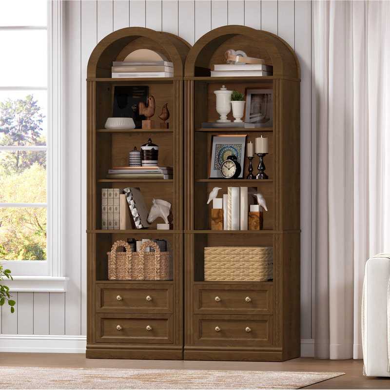 67.7" Tall Narrow Bookcase Bookshelf with 2 Drawers and 5-Tier Farmhouse Arch Book Shelf, Walnut