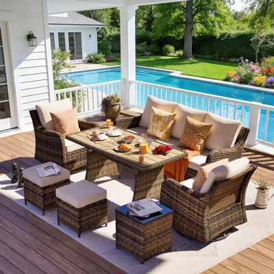  7 Pieces Patio Furniture Set With Swivel Chairs, Wicker Patio Conversation Set, Outdoor Patio Set With 2 Swivel Rocking Chair & Sofa, 2 Ottomans And Dining Table (Brown)