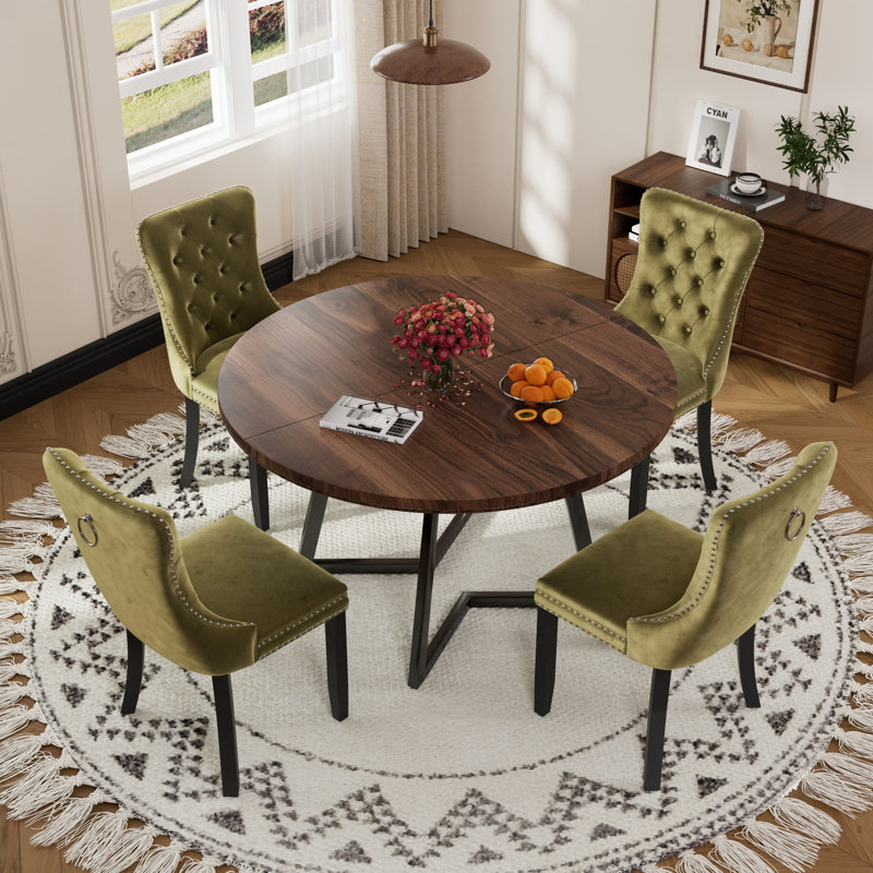 Ensemble de salle à manger rond en bois avec chaise en velours, Vert olive, Marron foncé