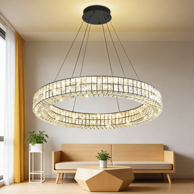 Modern LED Ring Chandelier With Dimmable Crystal Design For Living Room And Dining Room - Adjustable Hanging Height, 3-Color Temperature, Remote Control