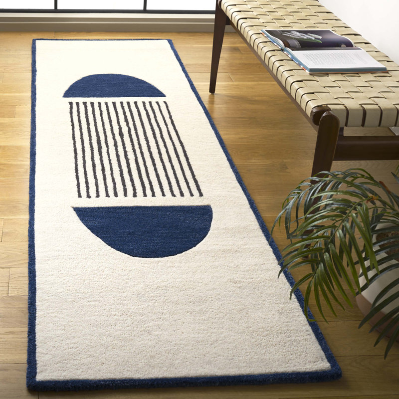 Athelstan Rodeo Drive Hand Tufted Wool/Cotton Abstract Rug in Navy/Ivory, Runner 2'3" x 8'