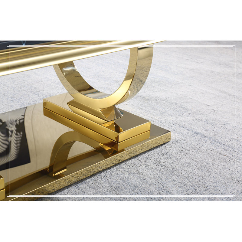 Modern Rectangular Black Marble Coffee Table with Gold Stainless Steel Base