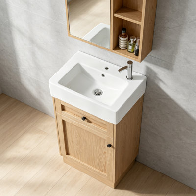 Meuble-lavabo moderne de style rustique avec lavabo en résine, armoire de rangement en bois massif, tablette réglable et porte réversible, convient aux petits espaces