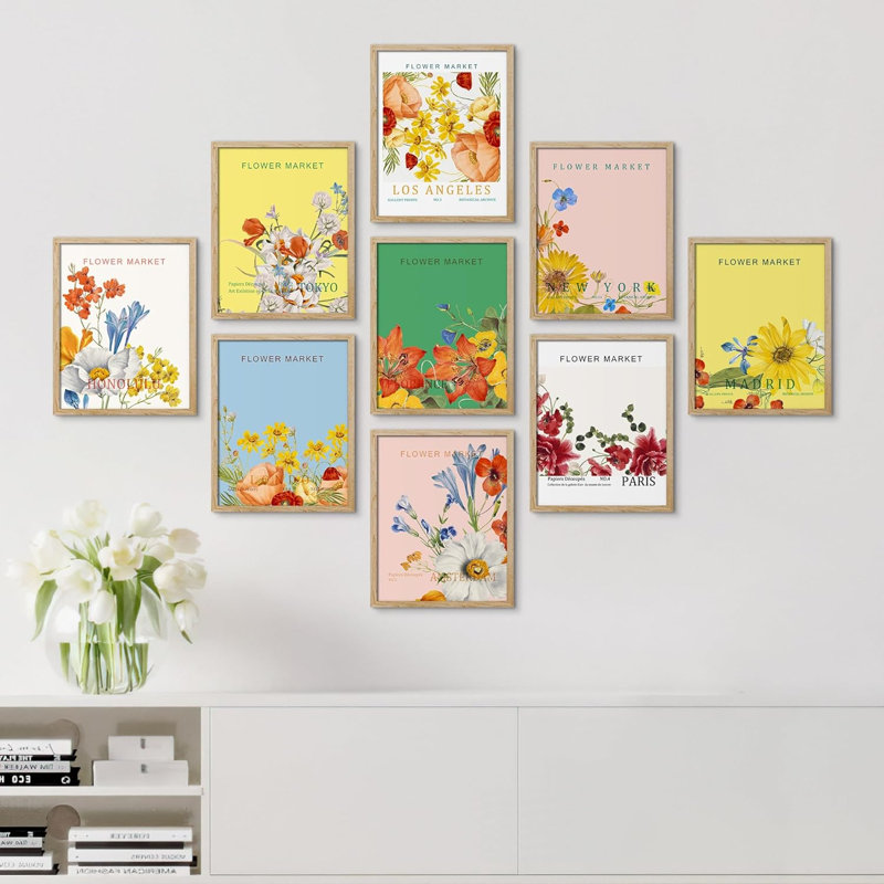 Multicolore coloré vibrant New York Flower Market Garden Bouquet Boho, impression sur papier 9 pièces, L 11 po x H 14 po
